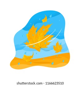 Vector autumn illustration of a yellowed oak and maple leaves in the wind with rain. Isolated on the white background.
