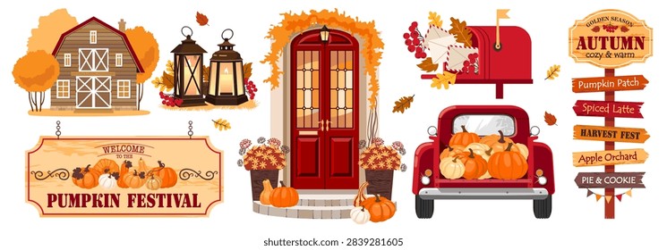 Vector autumn illustrations set. Cozy red and yellow colors. Seasonal fall clipart - wooden road sign with arrows, car trunk with pumpkin harvest, garden lanterns with candles, decorated front door, burning fireplace. Illustrated vector clipart. Hand draw no ai. Scalable and fully editable EPS vector illustration. 
It is suitable for festive products - for postcards, stickers, posters, packaging, social media, collages and much more.
