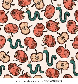 Vector autumn kids seamless pattern in red and white. Simple doodle worm and apple hand drawn made into repeat. Great for background, wallpaper, wrapping paper, packaging, fashion, kids design.
