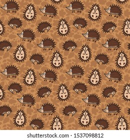 Vector autumn kids seamless pattern in brown. Simple doodle hedgehog and leaf hand drawn made into repeat. Great for background, wallpaper, wrapping paper, packaging, fashion, kids design.
