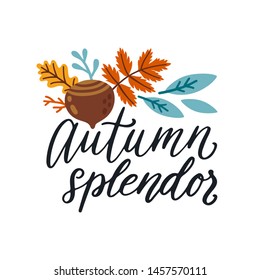 Vector autumn label with hand written text "Autumn splendor". Fall illustration with script phrase and floral elements. Banner template for autumn party. Background with hazelnut and falling leaves.