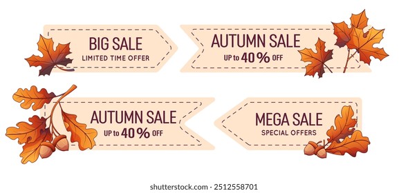 Vector autumn labels design. Decorative elements. Vector horizontal sale banners with illustration of fall leaves. Autumn concept.