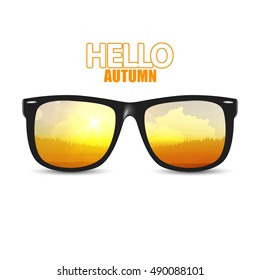 Vector autumn landsape reflection on sunglasses, Autumn vector illustration.
