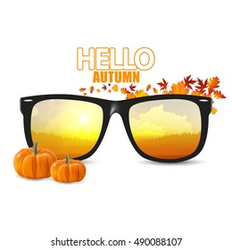 Vector autumn landsape reflection on sunglasses, Autumn vector illustration with fall leaves and pumpkins.
