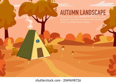 Vector  Autumn Landscape Background. Cozy Cabin At The Forest.