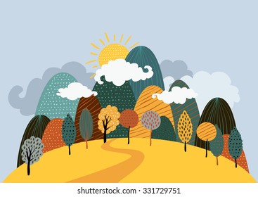 Vector autumn landscape background. Road in the forest, mountains, hills, yellow trees, clouds and sun on the sky. Hand drawn doodle illustration of nature.
