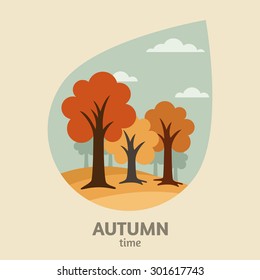 Vector autumn landscape background. Yellow trees park in leaf shape or rain drop shape. 