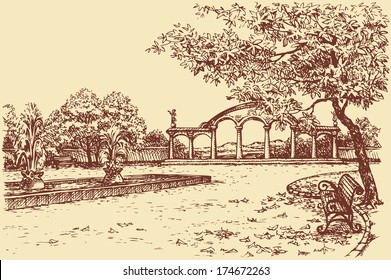 Vector autumn landscape. Bench in the park under a tree near the arched entrance and pool with fountains in the square