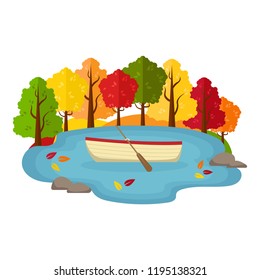 Vector autumn landscape. Boat in a pond in the autumn forest.