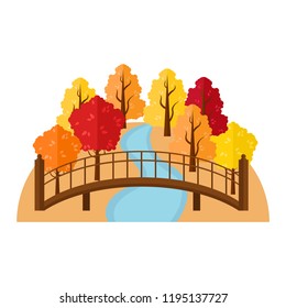 Vector autumn landscape. Bridge over the river in the autumn forest.