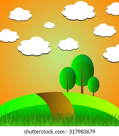 Vector autumn landscape with clouds, trees, fields and path.