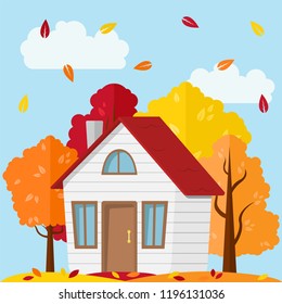 Vector autumn landscape. Country house in the autumn forest.