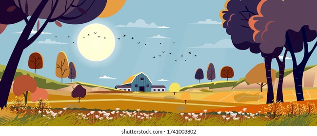 Vector Autumn landscape in countryside with harvest field and framhouse on hills, Rural nature in Fall season at village with orange field on mountains in sunny with blue sky, Mid autumn background