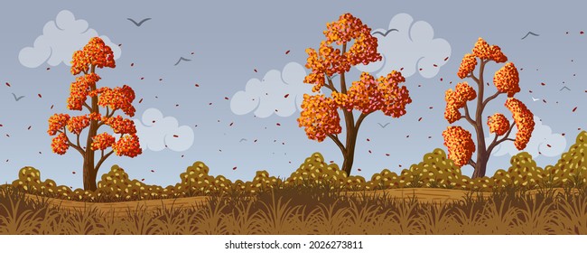vector autumn landscape deciduous trees with yellow leaves on hills.