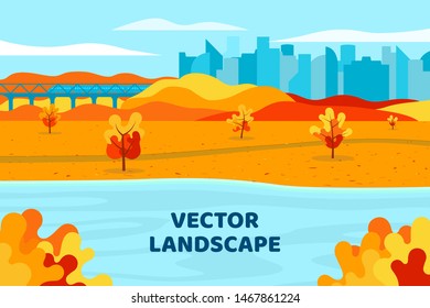 Vector autumn landscape. Falling leaves on the ground. Yellow and red trees. Panoramic background. Wallpaper. City Park. Lake near the buildings. The train goes by the bridge. Transport connection.