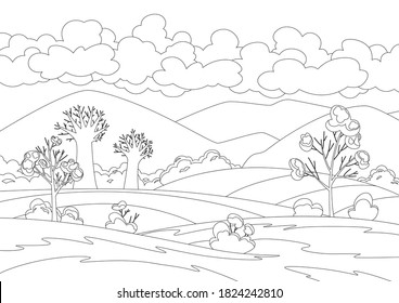 Vector autumn landscape field with trees and fallen foliage. Countryside panorama view mountains and clouds on sky. Fall season banner background. Flat linear coloring style