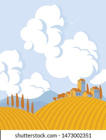 vector autumn landscape with field and village houses, mountains on the horizon and clouds in the sky