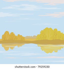 Vector, autumn landscape: forest, river and the blue sky with white clouds
