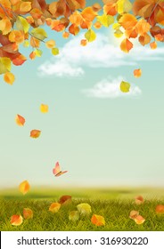 Vector autumn landscape with grass, fallen leaves, tree branches, butterfly