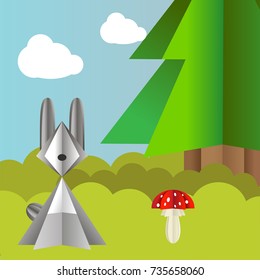 Vector autumn landscape with a hare, spruce and amanita origami