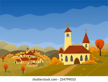 Vector autumn landscape with hills, village and church.