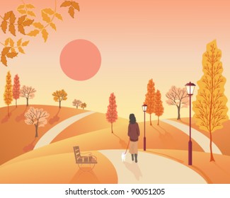 vector autumn landscape  illustration in eps 10 format of a woman walking a small dog through a park full of deciduous trees in fall colors