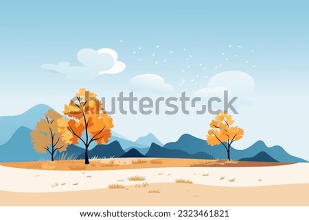 Vector autumn landscape, mountains and yellow, orange trees, birds fly south, peaceful autumn nature forest, natural background concept