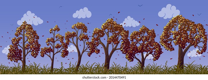 El paisaje vectorial otoñal. Árboles naranjas y hierba en pradera