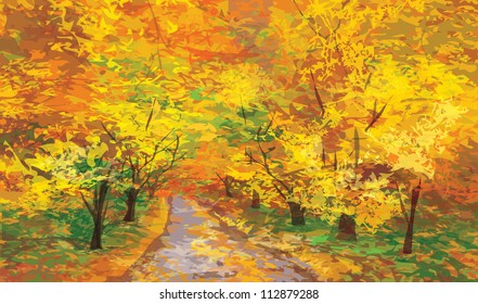 Vector of autumn landscape, pathway in park.