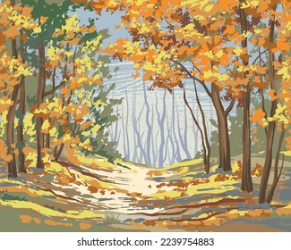 Vector of autumn landscape, pathway in park. maple trees with yellow foliage in fall season.