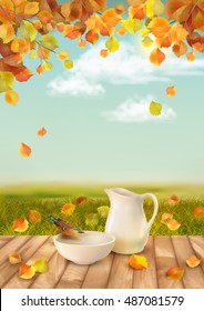 Vector autumn landscape with a pitcher and bird drinking water from a pottery bowl