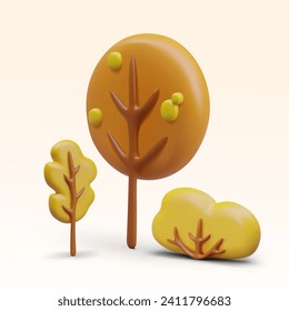 Vector autumn landscape in plasticine style. Color template for web design. Elements for creative scenes. 3D yellowed trees and bush. Cute illustration
