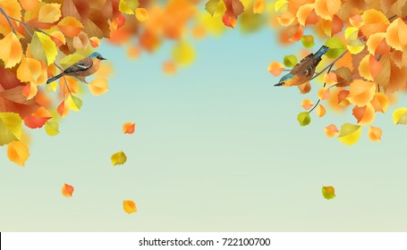 Vector autumn landscape with tree branches, falling leaves and birds. Fall background