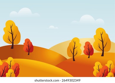 Vector autumn landscape with trees, fields, sky, and clouds. Warm seasonal colors create a cozy atmosphere. Perfect for postcards, posters, backgrounds, websites, and fall-themed design projects.