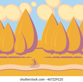 vector autumn landscape with trees in the forest and cyclist on the bike on the road