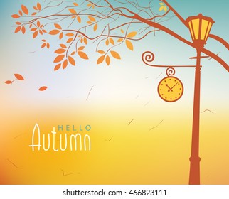 vector autumn landscape with trees in the park and Clock lamp post