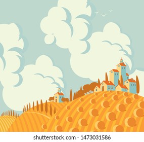 vector autumn landscape with wheat field with haystacks and village houses, mountains on the horizon and clouds in the sky