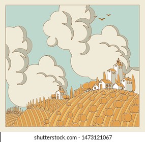 vector autumn landscape with wheat field with haystacks and village houses, mountains on the horizon and clouds in the sky