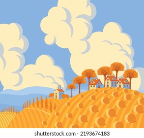 vector autumn landscape with wheat field with haystacks and village houses, mountains on the horizon and clouds in the sky