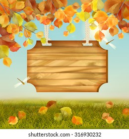 Vector autumn landscape with wooden board, grass, fallen leaves, tree branches, dragonfly