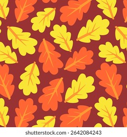 Vector autumn leaf background with repeating orange, red, and yellow leaves. Suitable for fall decor, thanksgiving designs, and textile prints.