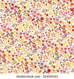 Vector autumn leaf and berries  pattern background.Colored Silhouette of berries, leaves,branches,acorn.Fall harvest,thanksgiving.Natural wrap ornament, wallpaper  backdrop,textile.Vector Illustration