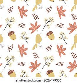 Vector autumn leaves, acorn and bird шт seamless pattern in Scandinavian style for fabrics, paper, textile, gift wrap isolated on white background