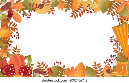 vector autumn leaves and berries and mushrooms,  umbrella , pumpkin and rain boots  red, orange, green, yellow and brown frame