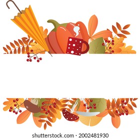 vector autumn leaves and berries and mushrooms,  umbrella , pumpkin and red tea cup    orange, green, yellow , red and brown frame