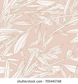 Vector autumn leaves and branches seamless pattern. Neutral beige fall background with doodle leaves. Design for fabric, textile print, wrapping paper.