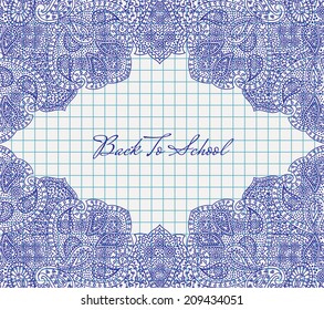 Vector autumn leaves frame on checked school paper drawn by ballpoint pen ink blue, back to school background