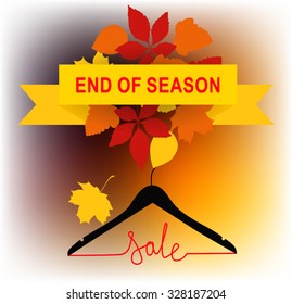 Vector autumn leaves and a hanger on the background mesh. seasonal discounts