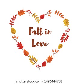 Vector Autumn Leaves Heart Frame. Fall In Love Wreath. Flat Illustration Isolated On White Background.