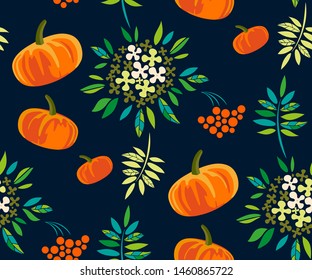 Vector autumn leaves and pumpkin, halloween pattern. Floral stock vector illustration